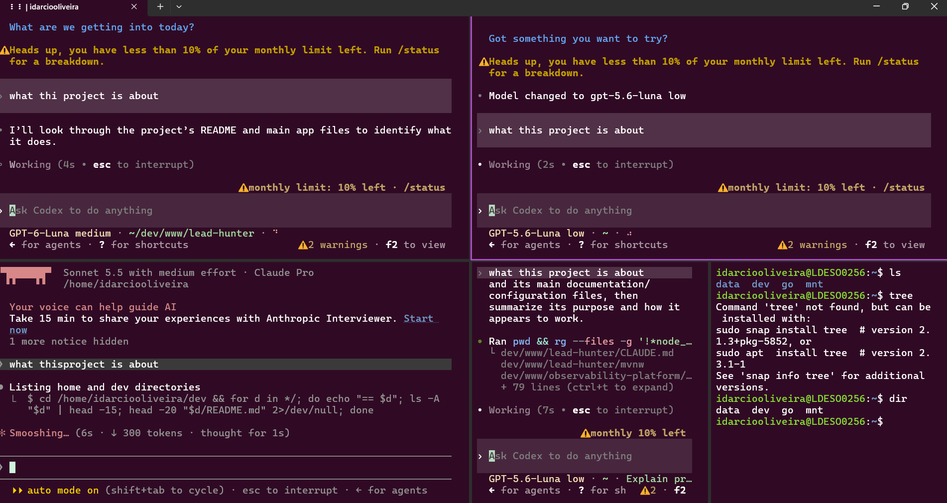 Várias janelas de terminal abertas ao mesmo tempo, com coding agents a trabalhar em projetos diferentes.